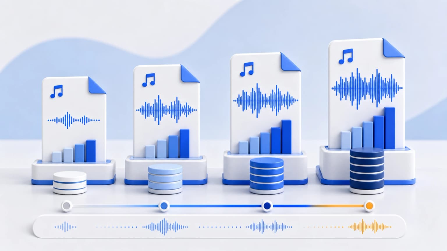 An editorial chart-style illustration comparing 128, 192, 256, and 320 kbps MP3 quality levels.
