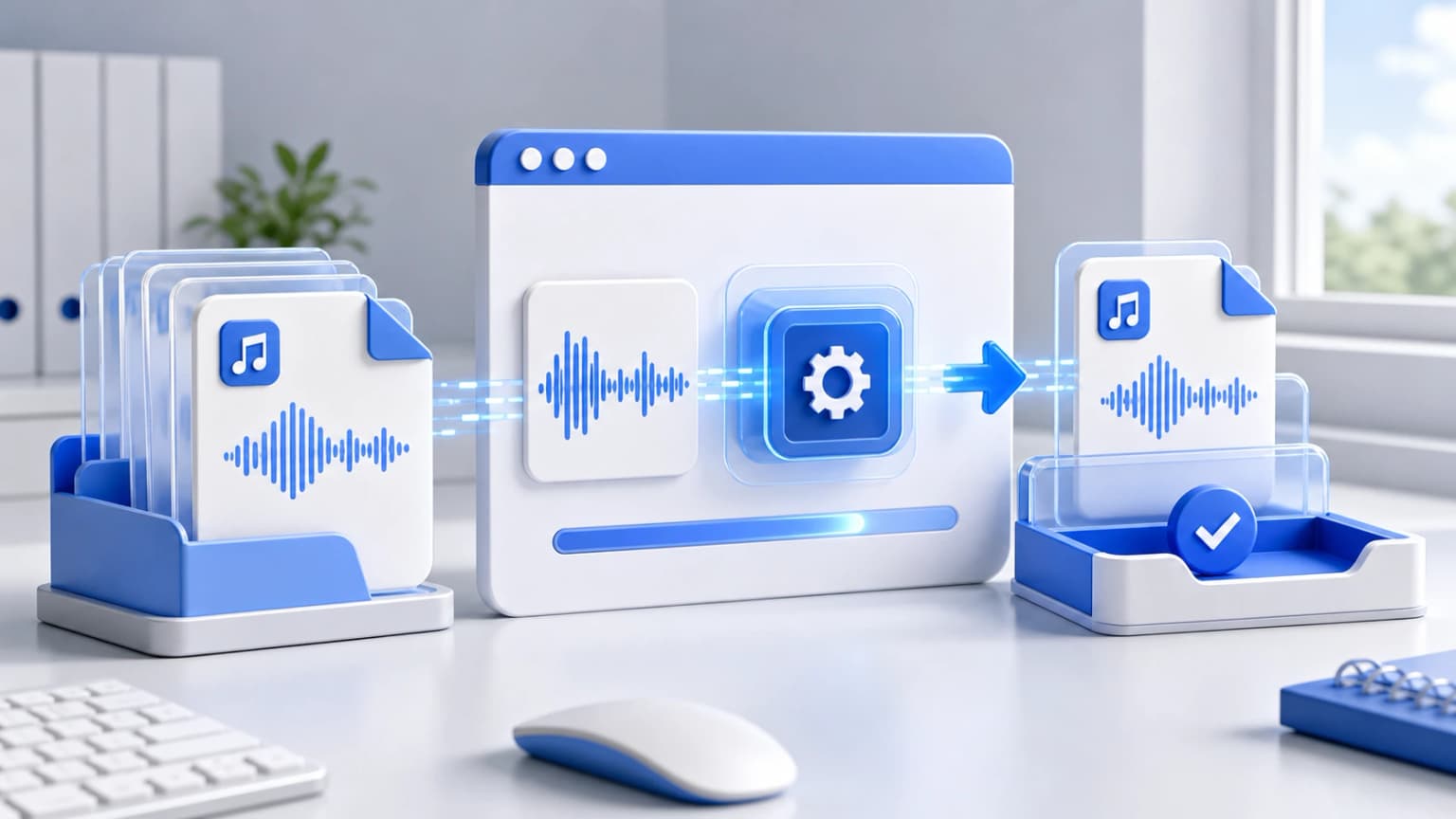 Windows-oriented audio conversion illustration with desktop file panels and an MP3 export view.