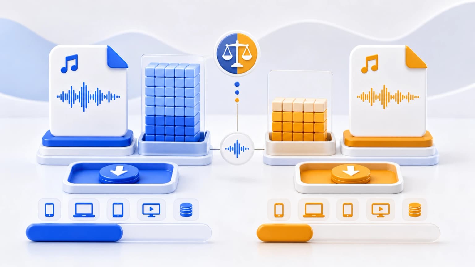 A data-driven illustration comparing M4A and MP3 file size cards with storage and quality indicators.