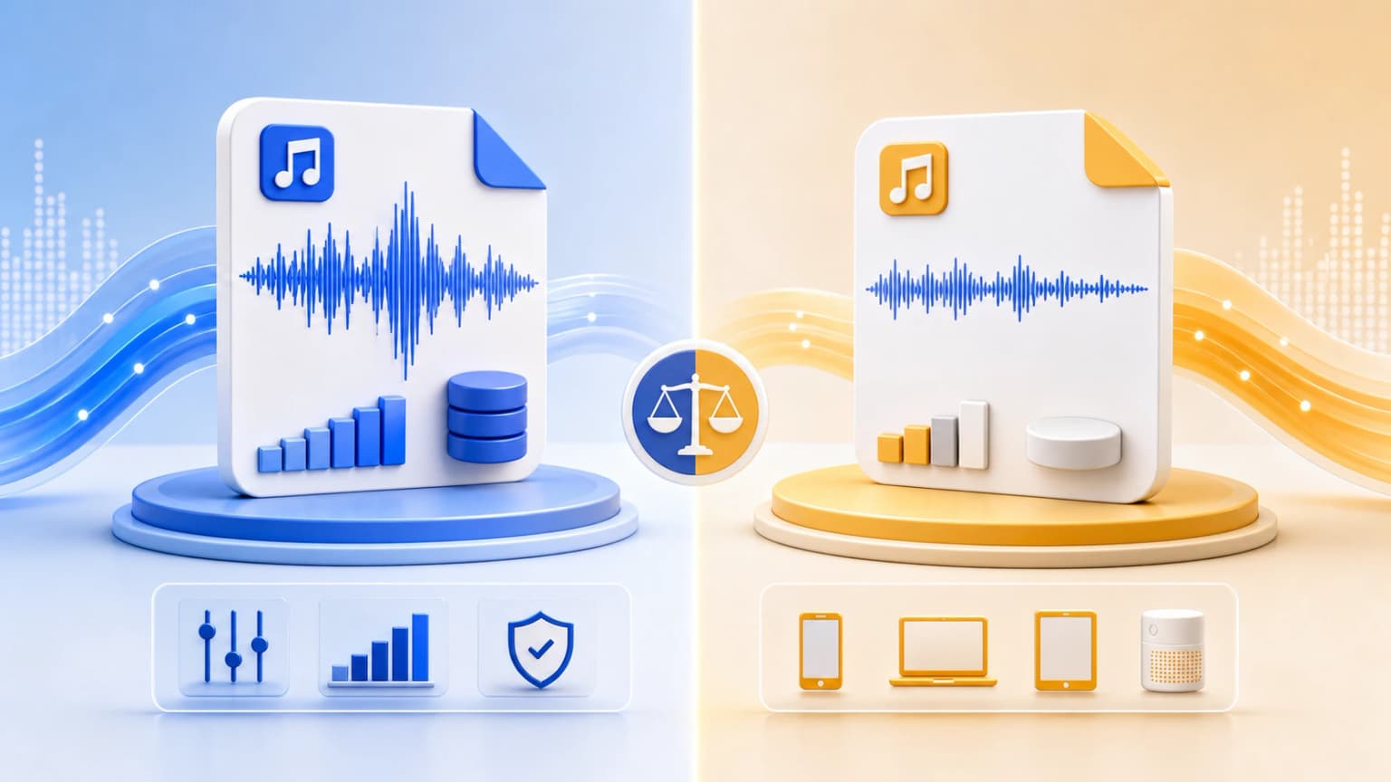 Split comparison artwork showing M4A and MP3 audio cards with size and quality indicators.