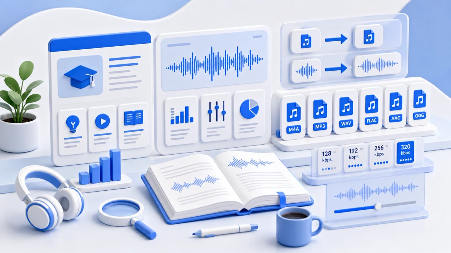 A curated knowledge hub illustration with article cards, waveform diagrams, and audio format notes.