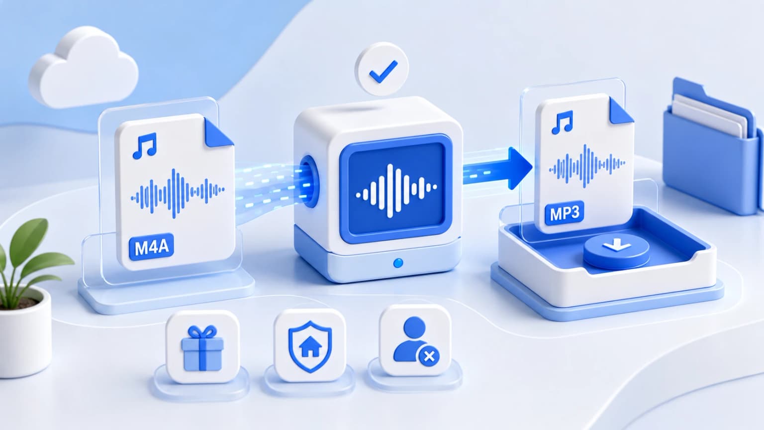 Bright editorial illustration showing a free local converter interface with no upload and no signup badges.