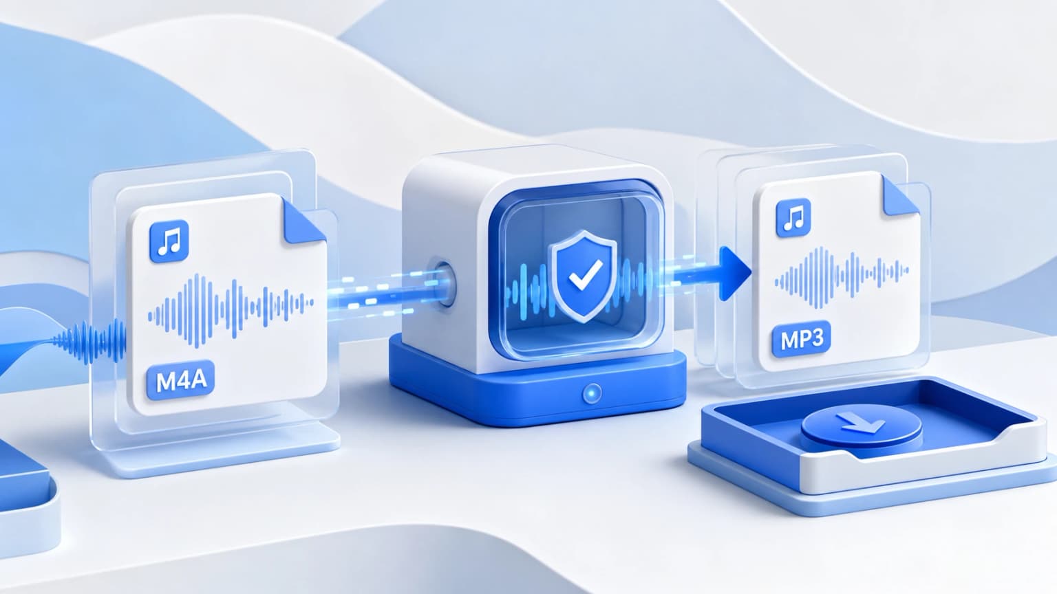Editorial 3D illustration of a secure browser audio converter with waveform cards and a download panel.