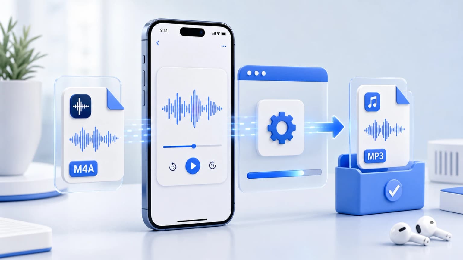 A smartphone-centered illustration with voice memo cards, waveform snippets, and a private MP3 export action.