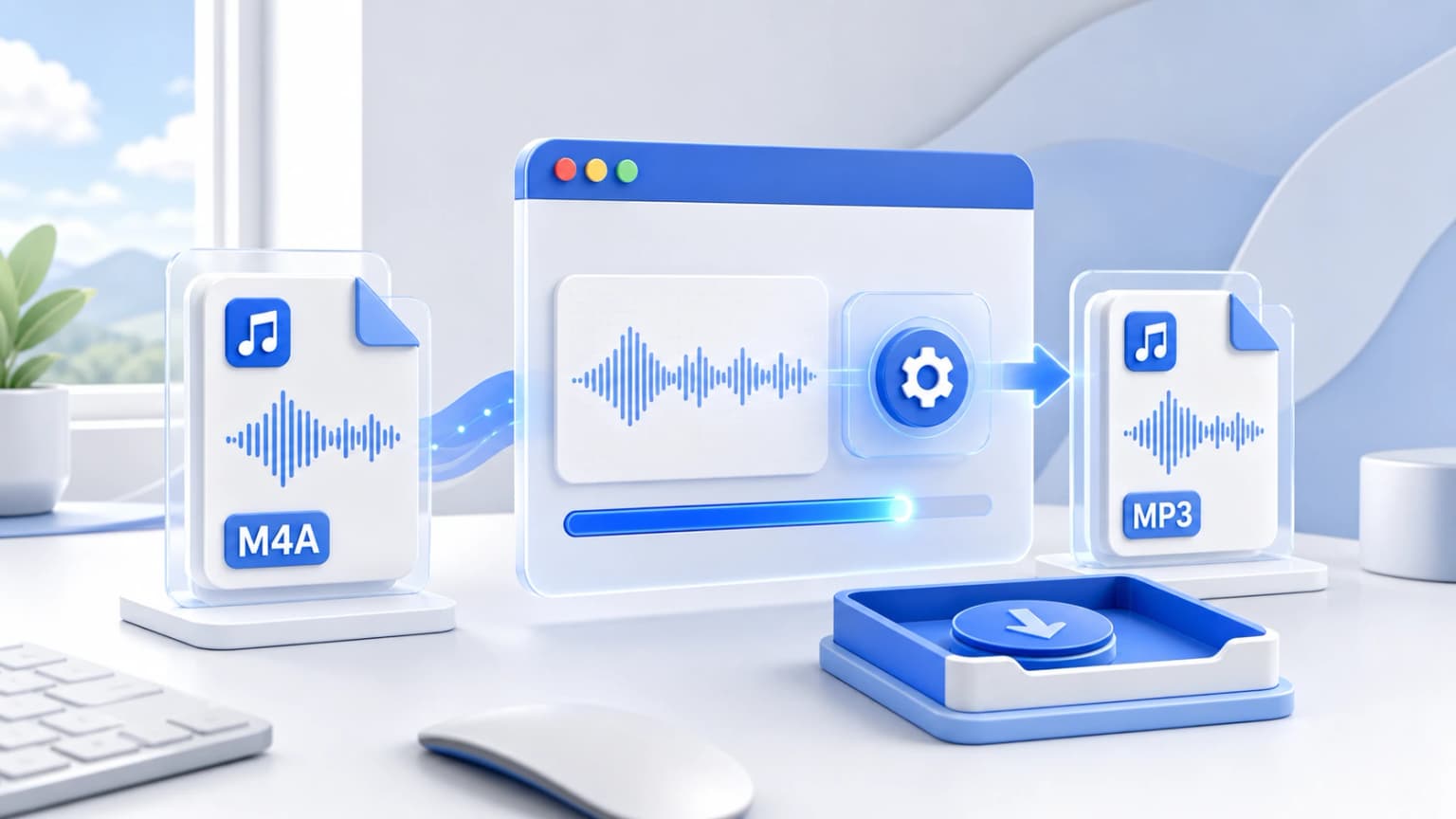 A polished Mac desktop scene showing audio files moving into a browser converter with a blue export waveform.