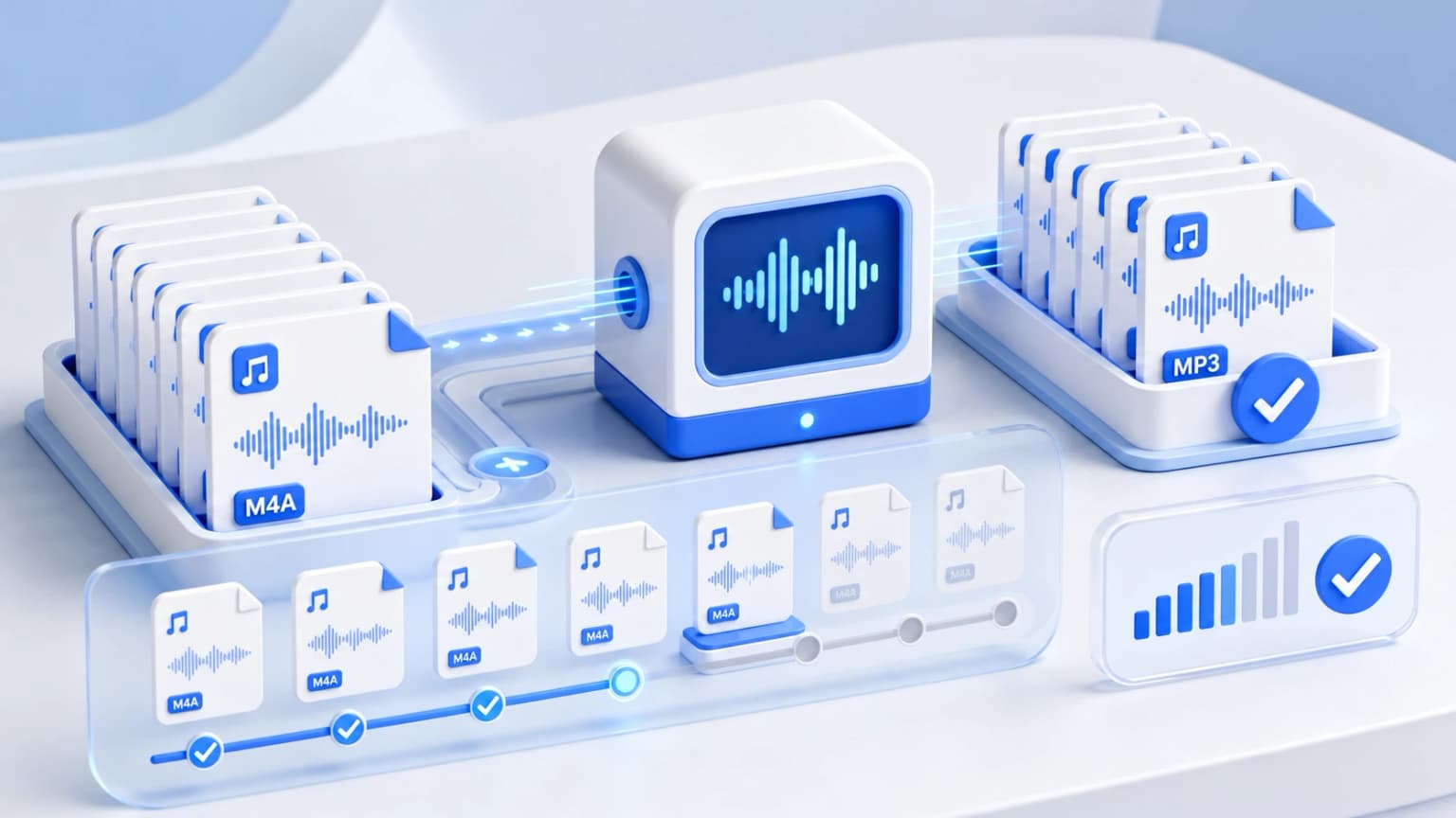 Multiple audio tiles moving through a queue into completed MP3 downloads in a crisp 3D interface.