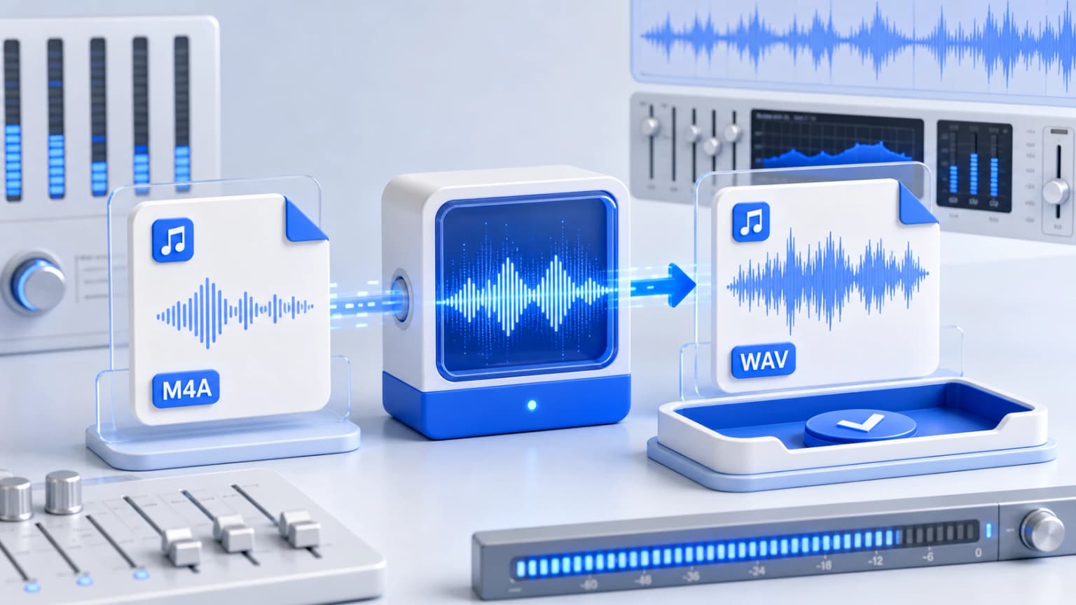 Studio-style illustration of an audio file expanding into a detailed waveform for WAV export.